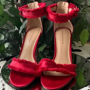 Who What Wear Scarlet Satin Fringe Heels